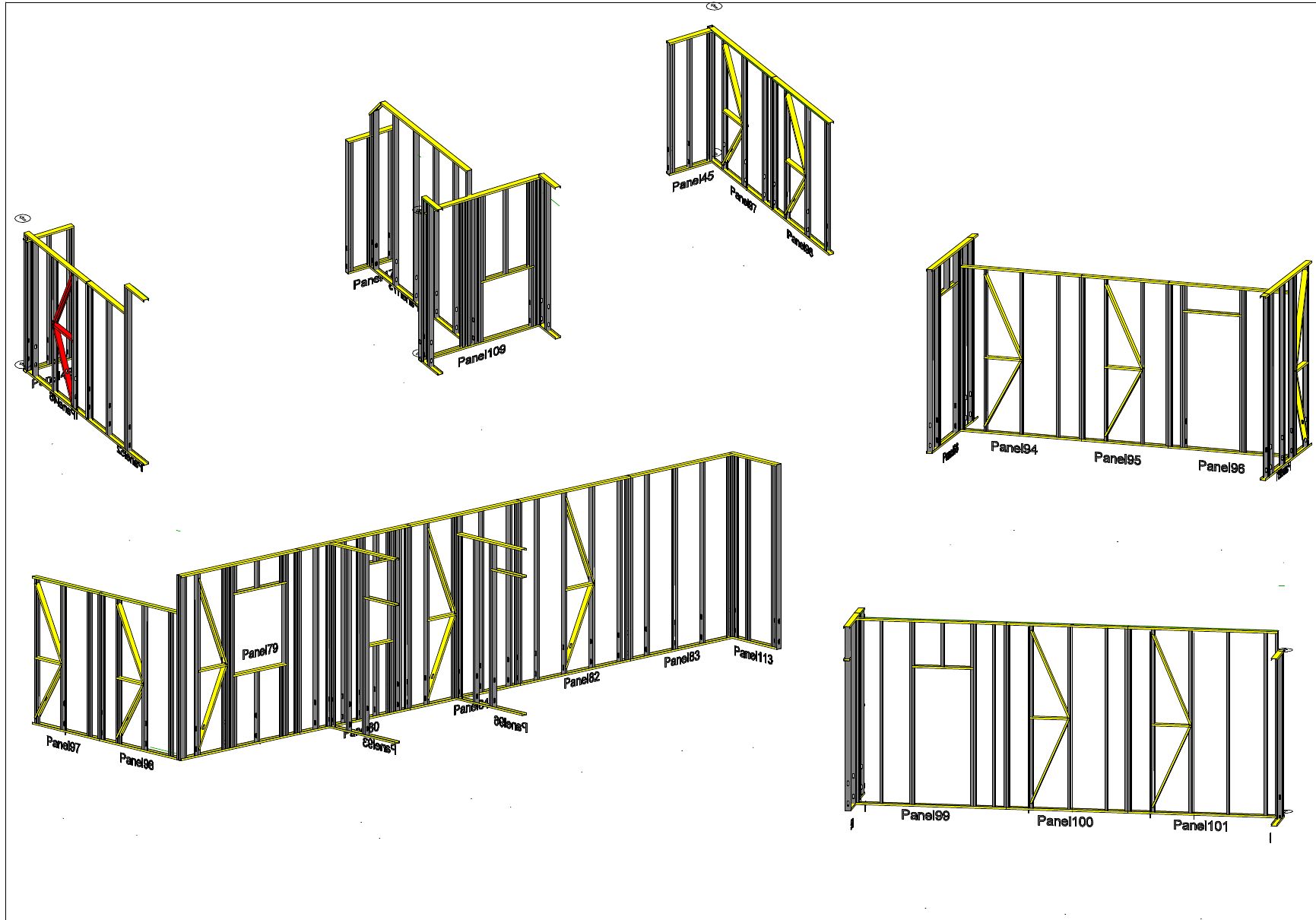 3D CAD views of light gauge steel wall panels, with each panel numbered