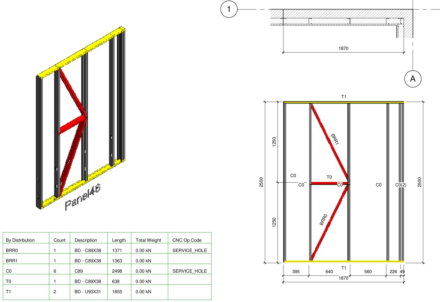 CAD panel drawing showing a light gauge steel wall panel with K-bracing and a member schedule with lengths and service-hole operations