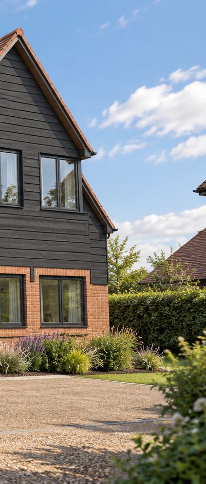 Illustrative render of a detached house with dark timber-effect cladding and red brick