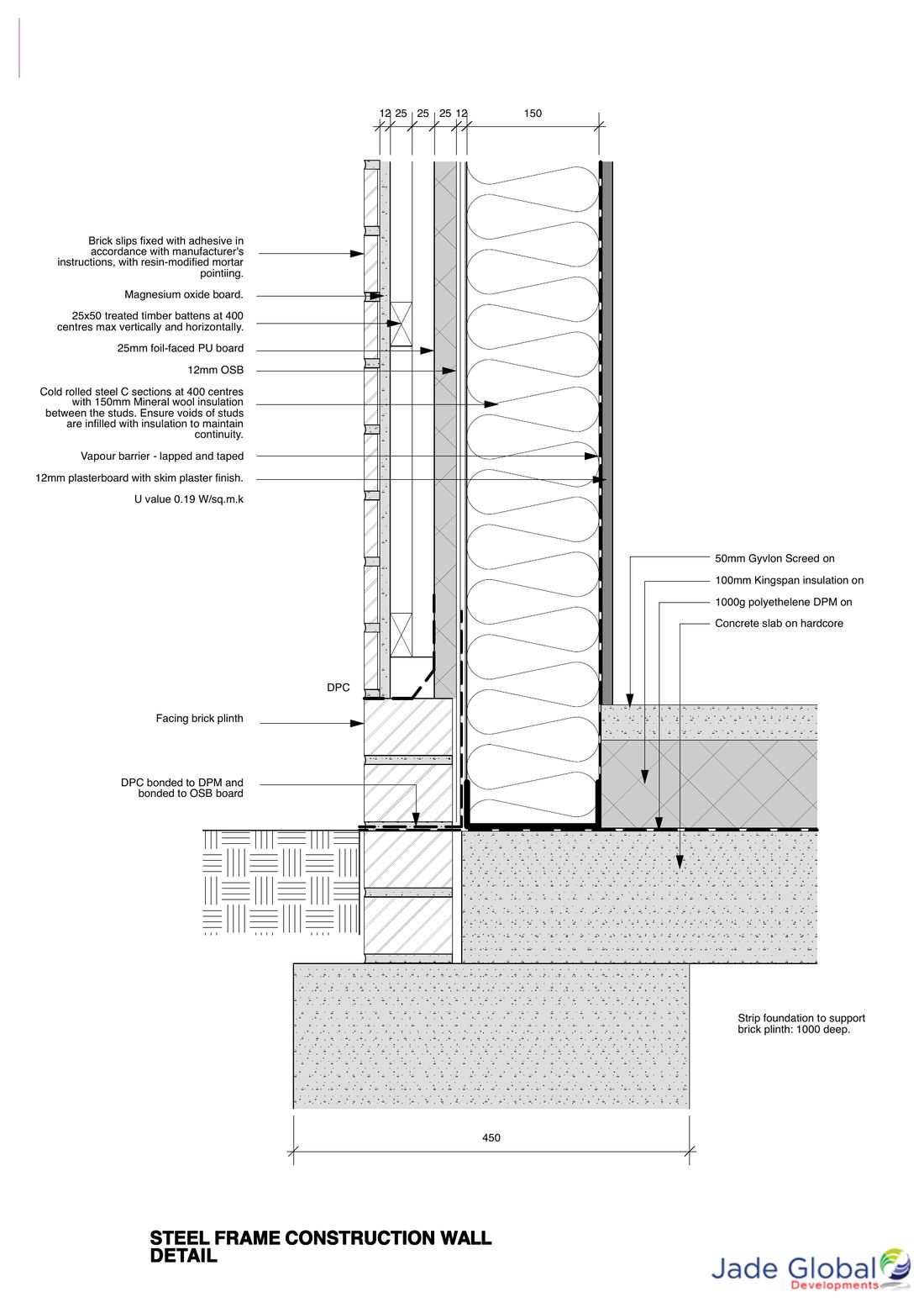 Technical section through a light gauge steel frame external wall with brick slip cladding