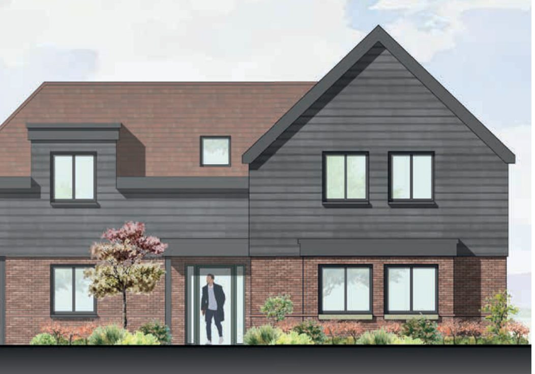 Illustrative elevation of a detached house with dark weatherboard cladding, red brick and a tiled roof
